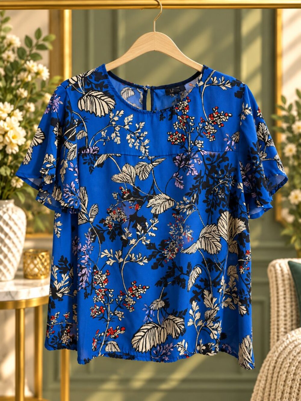 W5 Cobalt Blue Botanical Floral Flutter Sleeve Blouse Size M
